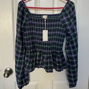 Melloday LS peplum top, plaid/square neck size M